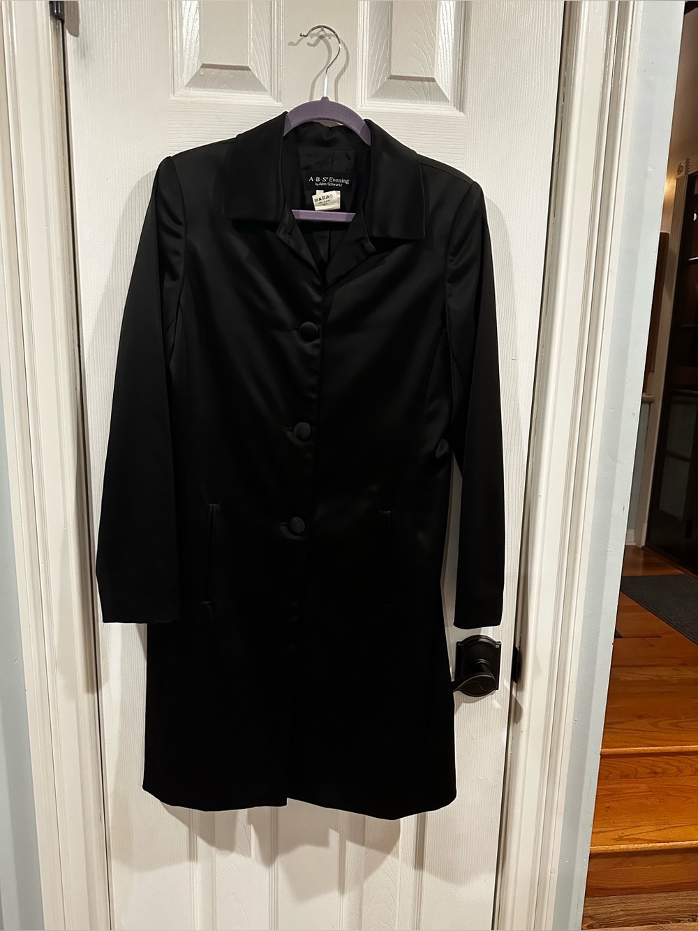 Classic Black Button-Front Coat satin feeling / looking classic evening coat